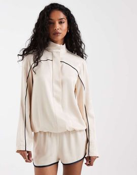ASOS DESIGN ASOS DESIGN satin funnel neck sporty striped jacket in ecru-White