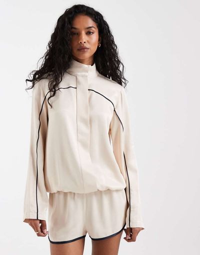 ASOS DESIGN ASOS DESIGN satin funnel neck sporty striped jacket in ecru-White