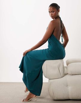 ASOS DESIGN ASOS DESIGN satin halter neck maxi dress with beaded tassel detailing in dark teal-Green
