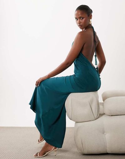 ASOS DESIGN ASOS DESIGN satin halter neck maxi dress with beaded tassel detailing in dark teal-Green