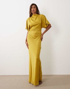 ASOS DESIGN ASOS DESIGN satin high neck blouson maxi dress with flutter sleeves in chartreuse-Multi