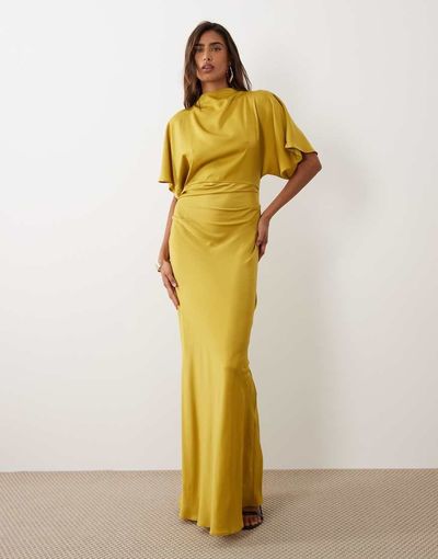 ASOS DESIGN ASOS DESIGN satin high neck blouson maxi dress with flutter sleeves in chartreuse-Multi