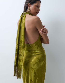 ASOS DESIGN ASOS DESIGN satin jacquard halter maxi dress with fringe neck scarf in olive-Green
