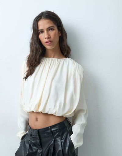 ASOS DESIGN ASOS DESIGN satin long sleeve bubble top in ivory-Pink