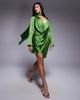 ASOS DESIGN ASOS DESIGN satin long sleeve plunge mini dress with drape neck scarf and wrap skirt in green - 1