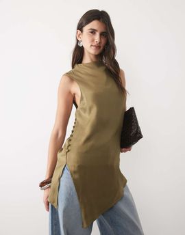 ASOS DESIGN ASOS DESIGN satin open back asymmetric top in olive-Green