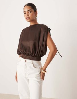 ASOS DESIGN ASOS DESIGN satin ruched shoulder drape top in mocha-Brown