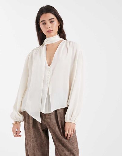 ASOS DESIGN ASOS DESIGN satin scarf neck blouse in ivory-White