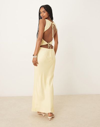ASOS DESIGN ASOS DESIGN satin tie back slash neck dress in buttermilk-Yellow