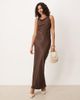 ASOS DESIGN ASOS DESIGN satin tie back slash neck dress in chocolate-Brown - 1