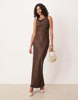 ASOS DESIGN ASOS DESIGN satin tie back slash neck dress in chocolate-Brown