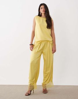 ASOS DESIGN ASOS DESIGN satin wide leg pants with lace in lemon yellow-White