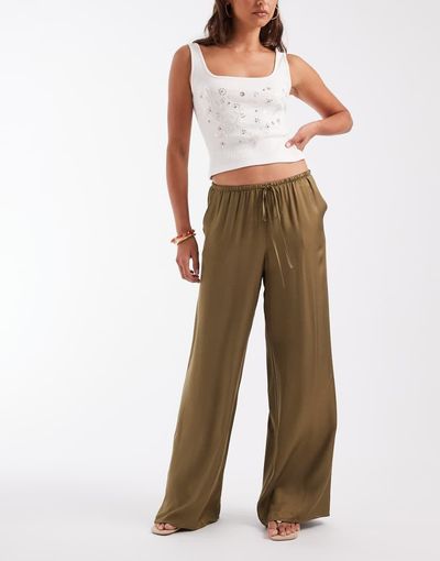 ASOS DESIGN ASOS DESIGN satin wide leg pull on trouser in olive-Green