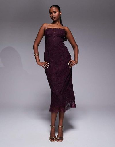 asos design lace midi dress Long Sleeve High-neck Column Size:2y 9164 Lace trim ensuring you feel both