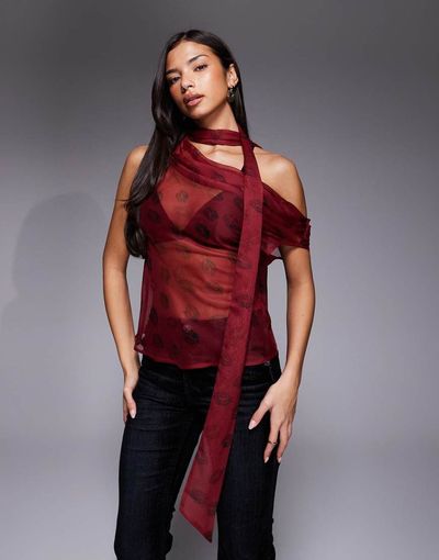 ASOS DESIGN ASOS DESIGN scarf detail chiffon cami in lipstick print-Multi