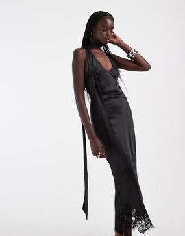 ASOS DESIGN ASOS DESIGN scoop neck satin column maxi dress with lace hem and scarf in black
