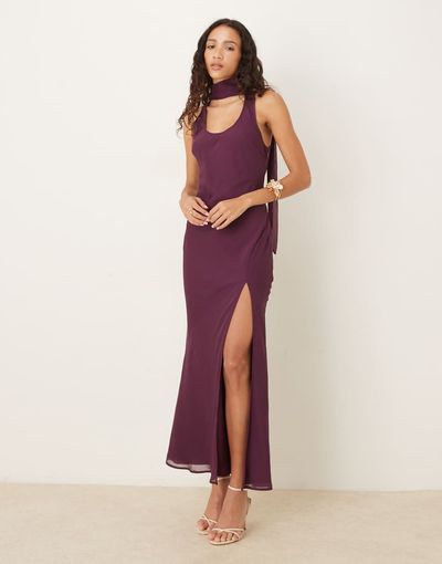 ASOS DESIGN ASOS DESIGN scoop neck scarf detail midaxi dress in grape-Red