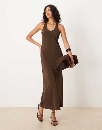 ASOS DESIGN ASOS DESIGN scoop satin slip maxi dress in chocolate-Multi