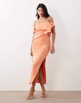 ASOS DESIGN ASOS DESIGN scrunch drape midi dress in coral scuba-style fabric-Orange