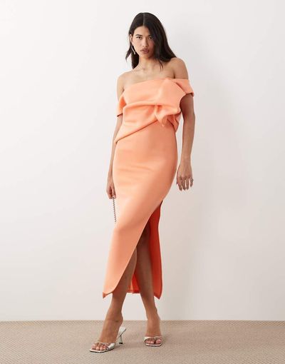 ASOS DESIGN ASOS DESIGN scrunch drape midi dress in coral scuba-style fabric-Orange