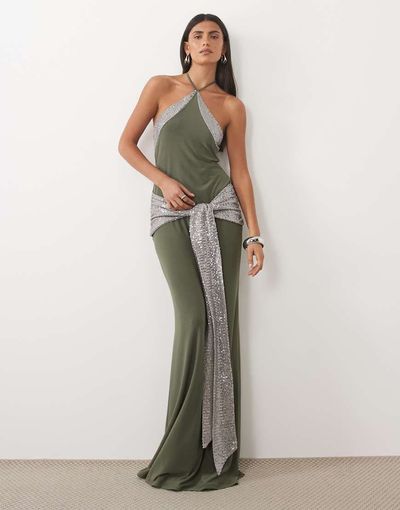 ASOS DESIGN ASOS DESIGN sculpting halter neck maxi dress with sequined sash in khaki green
