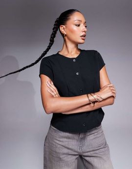 ASOS DESIGN ASOS DESIGN seam detail button front cap sleeve top in black
