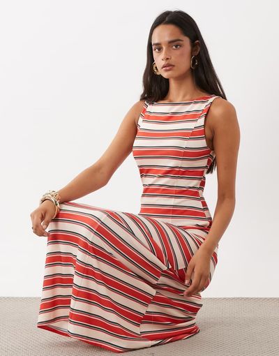 ASOS DESIGN ASOS DESIGN seamed stripe boat neck midi dress-MULTI