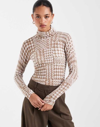 ASOS DESIGN ASOS DESIGN second skin sheer knit turtleneck top in dog tooth-Multi