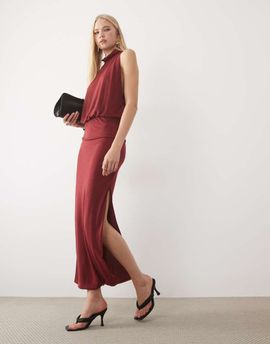 ASOS DESIGN ASOS DESIGN semi sheer knit look high neck sleeveless maxi dress in berry-RED