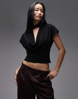 ASOS DESIGN ASOS DESIGN semi sheer rhinestone deep cowl neck top in black