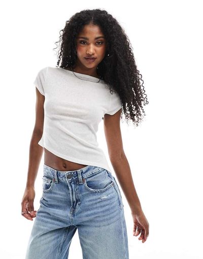 ASOS DESIGN ASOS DESIGN semi sheer short sleeve top with asymmetric hem in ivory-White
