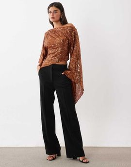 ASOS DESIGN ASOS DESIGN sequin asymmetrical draped sleeve top in rust-Orange