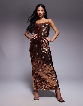 ASOS DESIGN ASOS DESIGN sequin lace trim cami maxi dress with 3D embellishment in bronze-Brown