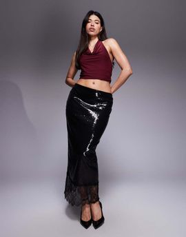 ASOS DESIGN ASOS DESIGN sequin mid-rise column skirt with lace trim in black