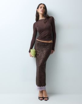 ASOS DESIGN ASOS DESIGN sequin pencil skirt with lace trim in brown
