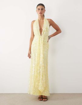 ASOS DESIGN ASOS DESIGN sequin plisse plunge halter maxi dress with scarf detail in yellow
