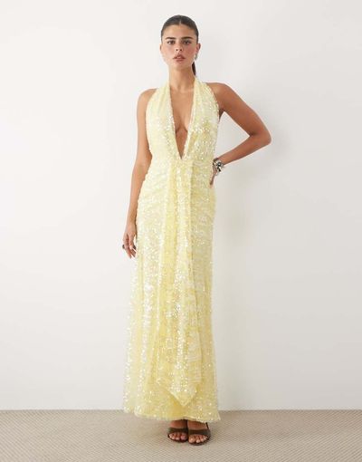 ASOS DESIGN ASOS DESIGN sequin plisse plunge halter maxi dress with scarf detail in yellow