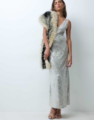 ASOS DESIGN ASOS DESIGN sequin scooped plunge sequin maxi dress in silver