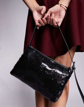 ASOS DESIGN ASOS DESIGN sequin shoulder bag with side buckle strap in matte black-Purple