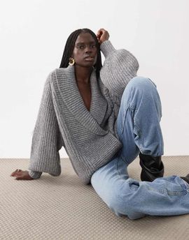 ASOS DESIGN ASOS DESIGN shawl faux fur collar oversized cardigan in gray heather