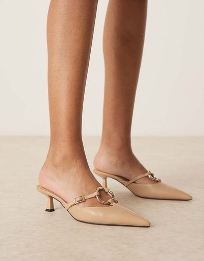 ASOS DESIGN ASOS DESIGN Shay ring detail kitten heeled mules in beige-Neutral