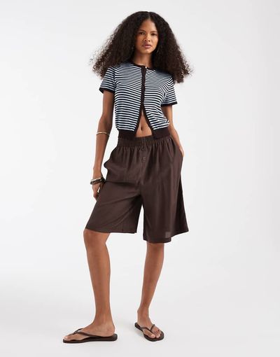Asos Design Sheer Boxer Waistband Bermuda Shorts In Chocolate Brown