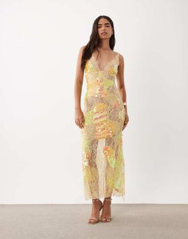 ASOS DESIGN ASOS DESIGN sheer lace cami maxi dress with placement embellishment in yellow-Silver