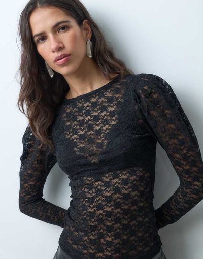 ASOS DESIGN Sheer Lace Mutton Sleeve Long Sleeve Top in Black