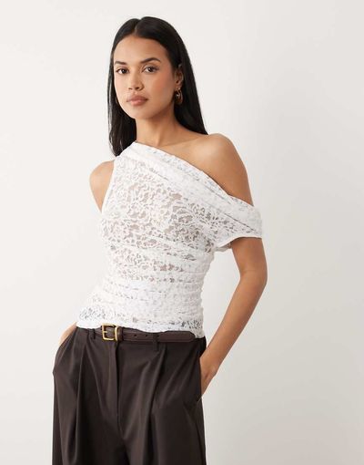 ASOS DESIGN ASOS DESIGN sheer lace ruched asymmetric top in white