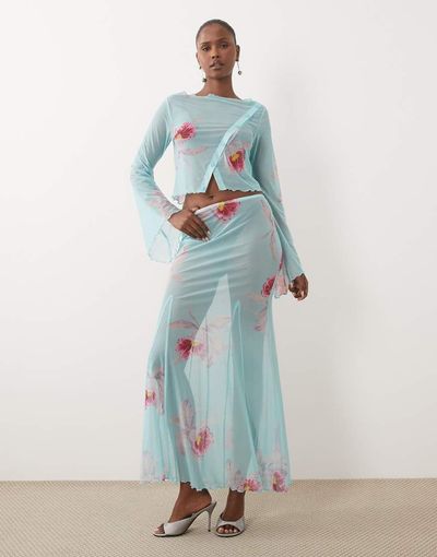 ASOS DESIGN ASOS DESIGN sheer maxi skirt in turquoise floral - part of a set-Blue