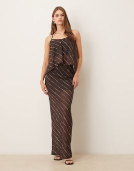 ASOS DESIGN ASOS DESIGN sheer mesh maxi skirt in dark chocolate stripes - part of a set-Brown