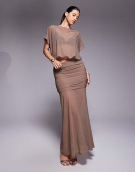 ASOS DESIGN ASOS DESIGN sheer mesh ruched waist maxi skirt in chocolate - part of a set-Brown