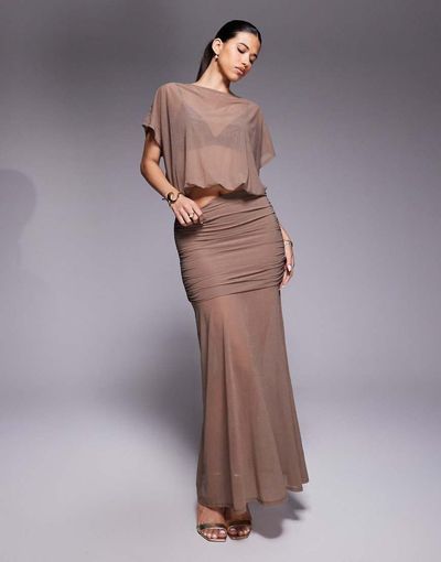 ASOS DESIGN ASOS DESIGN sheer mesh ruched waist maxi skirt in chocolate - part of a set-Brown