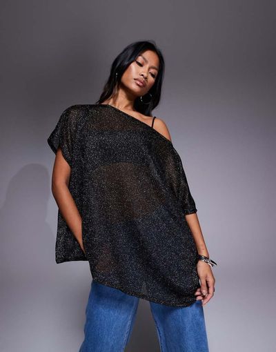 ASOS DESIGN ASOS DESIGN sheer metallic oversized slouchy off shoulder cape top in black